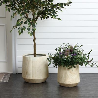 Image showing  2-Piece Marble Off-White Ribbed Texture MgO Planter Set, Indoor and Outdoor