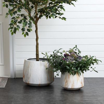 Image showing  2-Piece Marble White with Brown Ribbons Texture MgO Planter Set, Indoor and Outdoor