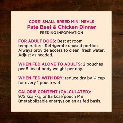 Image showing 6 th Wellness CORE Natural Grain Free Small Breed Mini Meals Wet Dog Food, Pate Beef & Chicken Dinner, 3-Ounce Pouch