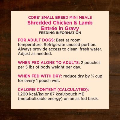 Image showing 6 th Wellness CORE Natural Grain Free Small Breed Mini Meals Wet Dog Food, Shredded Chicken & Lamb Entree in Gravy, 3-Ounce Pouch