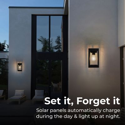 Image showing  Outdoor Solar Wall Light Edison LED Bulb Aluminum Metal Black Sconce, Modern Light Fixture