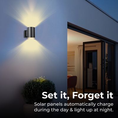 Image showing  Outdoor Solar Wall Light Cylinder Aluminum Metal Black Sconce, Modern Light Fixture