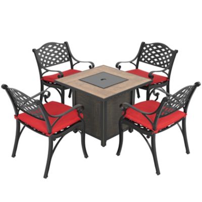 Image showing  5 pc. Outdoor Fire Pit Table Set with Cast Aluminum Chairs and Cushions