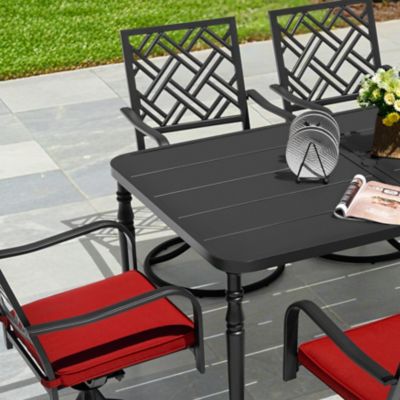Image showing  7-Piece Metal Patio Dining Set with Umbrella Hole, Swivel Chairs and Cushions