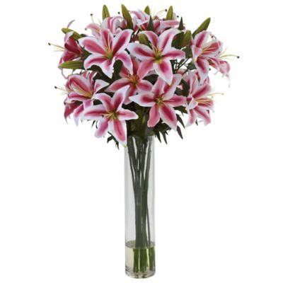 Nearly Natural 34 in. Artificial Rubrum Lily with Large Cylinder Floral Arrangement