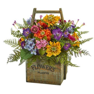 Nearly Natural 15 in. Artificial Mixed Floral Arrangement in Wood Basket