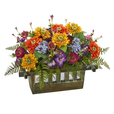 Nearly Natural 14 in. Artificial Mixed Floral Arrangement in Rectangular Wood Planter