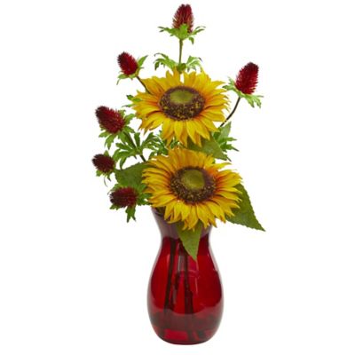 Nearly Natural 20 in. Artificial Sunflower and Thistle Arrangement in Red Vase