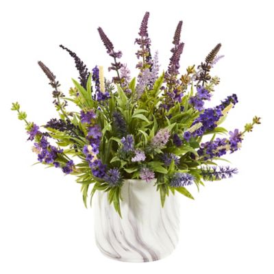 Nearly Natural Artificial 15 in. Lavender Arrangement in Marble Vase