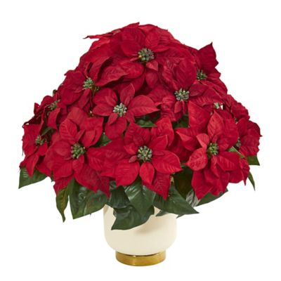 Nearly Natural Artificial 24 in. Poinsettia Arrangement in White Bowl