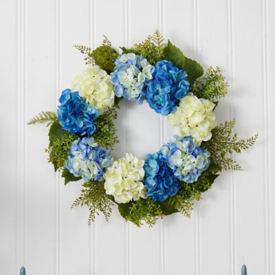Image showing  24 in. Artificial Hydrangea Wreath, White/Blue