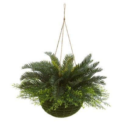 Nearly Natural Artificial 13 in. Cycas Plant in Mossy Hanging Basket, Indoor/Outdoor