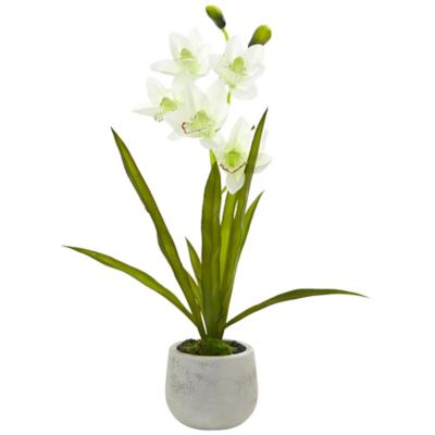 Nearly Natural 22 in. Artificial Cymbidium Orchid Arrangement in Vase