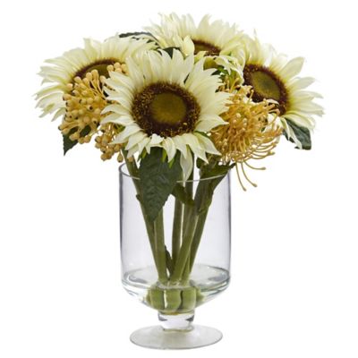 Nearly Natural 12 in. Artificial Sunflower & Sedum Arrangement in Vase