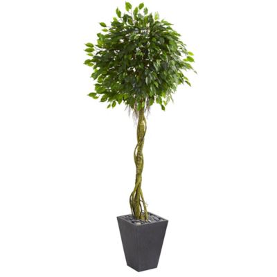 Nearly Natural 6 ft. Artificial Ficus Tree in Slate Planter, UV Resistant, Indoor/Outdoor