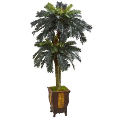 Nearly Natural Artificial 6 ft. Double Sago Palm Tree in Designer Planter