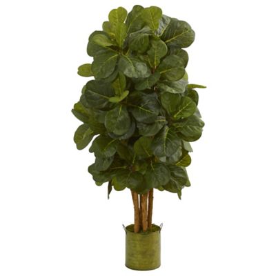 Nearly Natural Artificial 4.5 ft. Fiddle Leaf Tree in Green Tin Planter