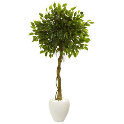 Nearly Natural 5.5 ft. Artificial Ficus Tree in White Oval Planter, UV Resistant, Indoor/Outdoor
