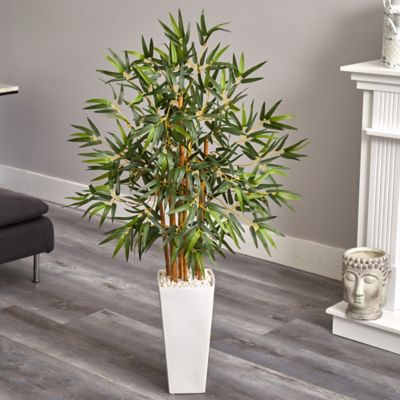 Image showing  Artificial 4 ft. Bamboo Tree in White Tower Planter
