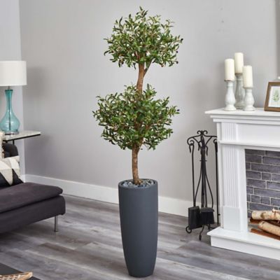 Image showing 1 th Nearly Natural 6 ft. Artificial Olive Double Tree in Gray Cylinder Planter