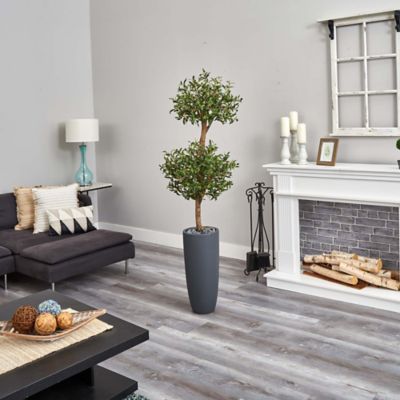Image showing 2 th Nearly Natural 6 ft. Artificial Olive Double Tree in Gray Cylinder Planter