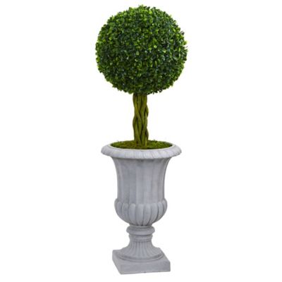 Nearly Natural 3 ft. Artificial Braided Boxwood Topiary Tree in Gray Urn, UV Resistant, Indoor/Outdoor