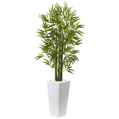 Nearly Natural 5 ft. Artificial Bamboo Tree with White Planter, UV Resistant, Indoor/Outdoor