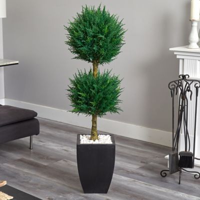 Image showing  4.5 ft. Artificial Cypress Topiary with Black Planter, UV Resistant, Indoor/Outdoor