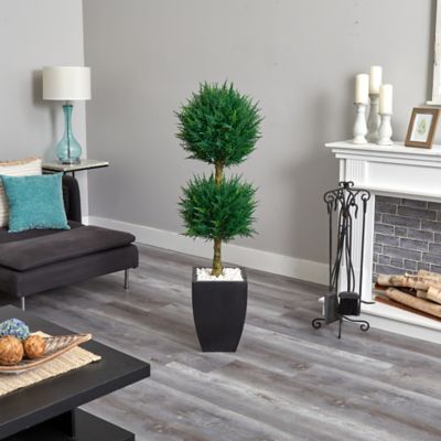 Image showing  4.5 ft. Artificial Cypress Topiary with Black Planter, UV Resistant, Indoor/Outdoor