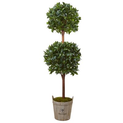 Nearly Natural 6 ft. Artificial Double Ball Topiary Tree with European Barrel Planter