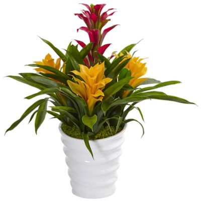 Nearly Natural 17 in. Artificial Tropical Bromeliad Plant in White Swirl Vase