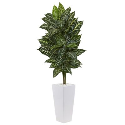 Nearly Natural 4 ft. Artificial Zebra Plant in White Tower Planter