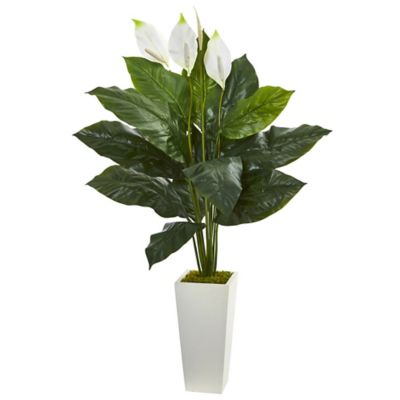 Nearly Natural 51 in. Artificial Spathiphyllum Plant in White Tower Planter