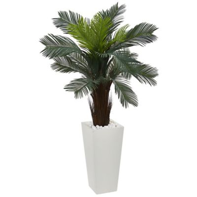 Nearly Natural 4.5 ft. Artificial Cycas Plant in White Tower Planter