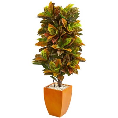 Nearly Natural 5.5 ft. Artificial Croton Plant in Orange Planter, Real Touch