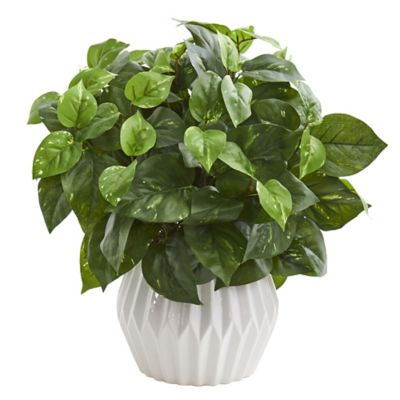 Nearly Natural 16 in. Artificial Pothos Plant in White Ceramic Vase