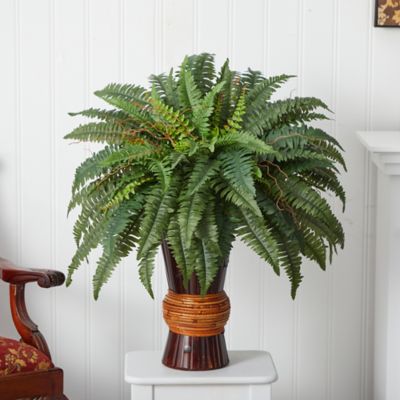 Image showing  33 in. Artificial Boston Fern Silk Plant with Bamboo Vase