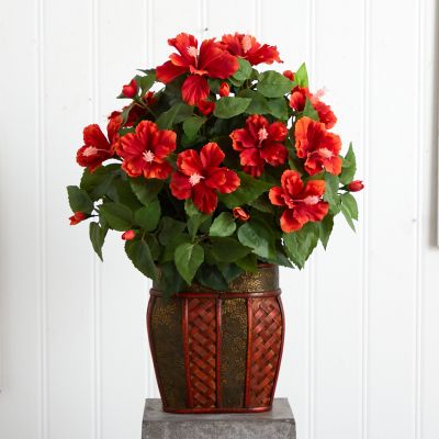 Image showing  8 in. Artificial Hibiscus Silk Plant with Vase