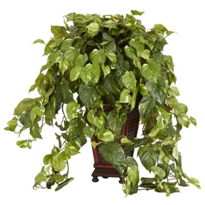 Nearly Natural 11 in. Artificial Vining Pothos Silk Plant with Decorative Vase