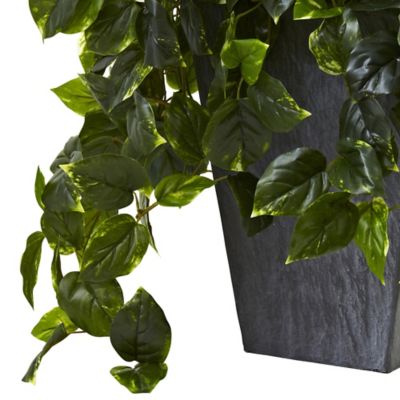 Image showing  29 in. Artificial Hanging Pothos Plant with Slate Planter, UV Resistant, Indoor/Outdoor