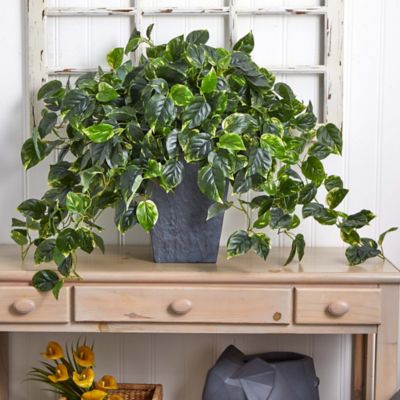 Image showing  29 in. Artificial Hanging Pothos Plant with Slate Planter, UV Resistant, Indoor/Outdoor