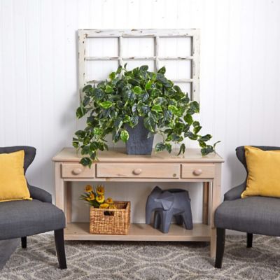 Image showing 6 th Nearly Natural 29 in. Artificial Hanging Pothos Plant with Slate Planter, UV Resistant, Indoor/Outdoor