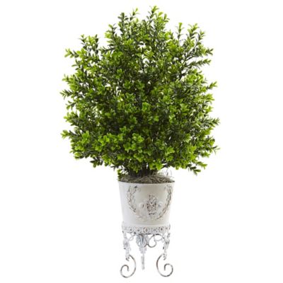 Nearly Natural 28 in. Artificial Boxwood Arrangement with Metal Planter