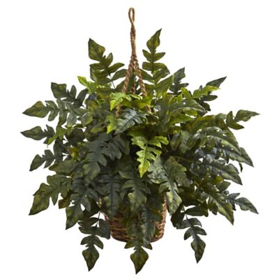 Nearly Natural 24 in. Artificial Holly Fern Plant Hanging Basket
