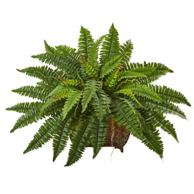 Nearly Natural 23 in. Artificial Boston Fern Plant in Metallic Planter