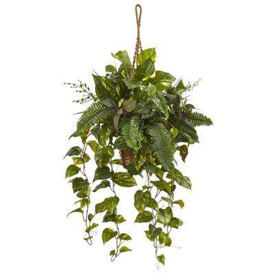 Nearly Natural Artificial 46 in. Mixed Pothos and Boston Fern in Hanging Basket