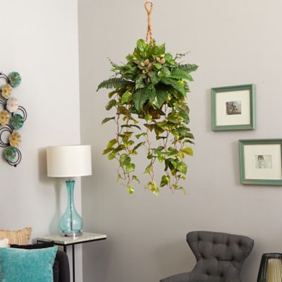 Image showing  Artificial 46 in. Mixed Pothos and Boston Fern in Hanging Basket
