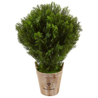Nearly Natural Artificial 3 ft. Cedar Plant in Barrel Planter, Indoor/Outdoor
