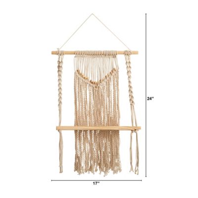Image showing  24 in. Boho Chic Wood Macrame Single Shelf Woven Beads Wall Art Decor