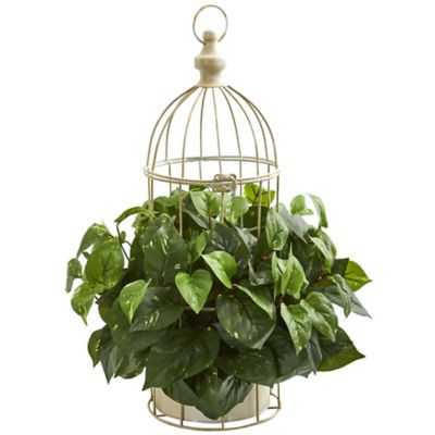 Nearly Natural 19 in. Artificial Pothos Plant in Decorative Bird Cage